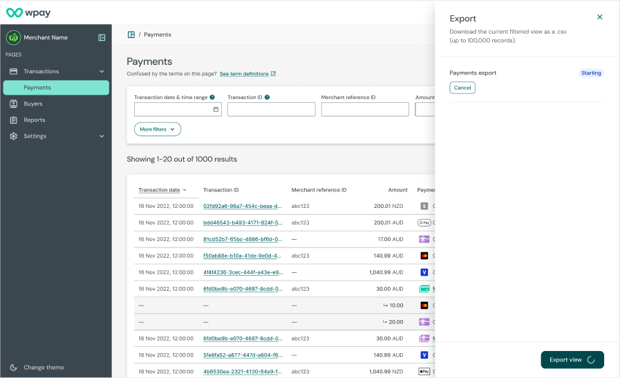 Export view - Starting status