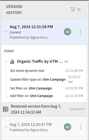 Version history sidebar showing the most recent changes are published by Sigma Docs, with details about what changes were made listed under Today, and another element that shows that the draft was restored from a previous version with that version's timestamp.