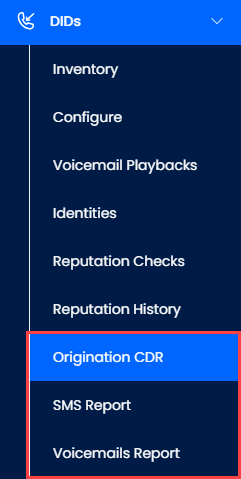 Screenshot of the DIDs section: report options