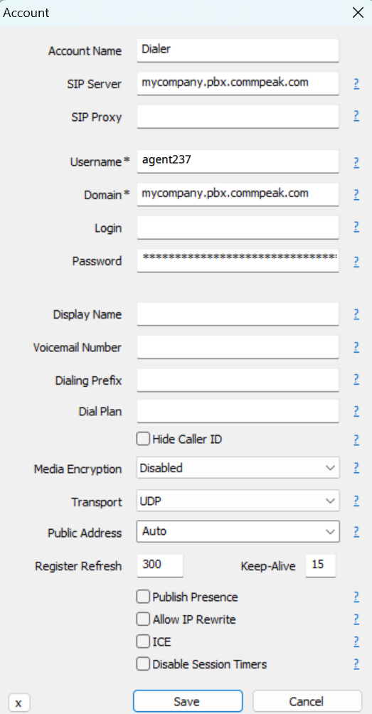 Screenshot with MicroSIP account settings