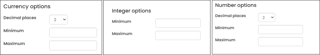 Viewing currency, integer, and number options