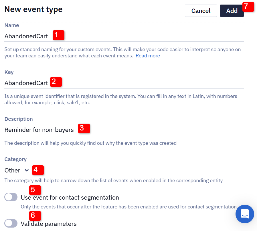New event type form with Name, Key, Description, and Category fields