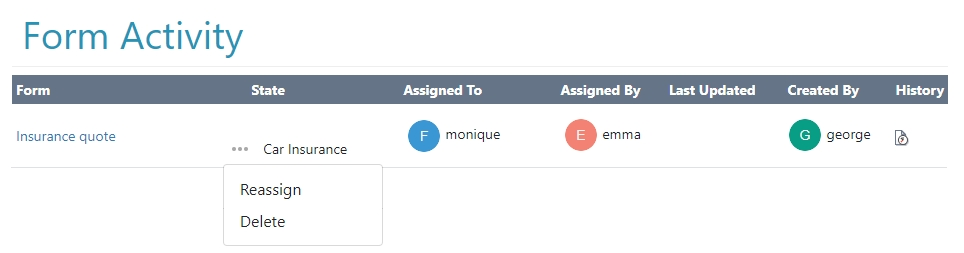 Previous Assignee or Creator Reassign from Form Activity