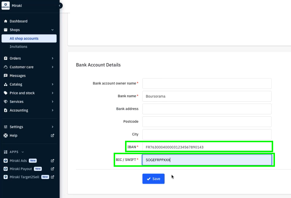 Bank details added on Mirakl Dashboard