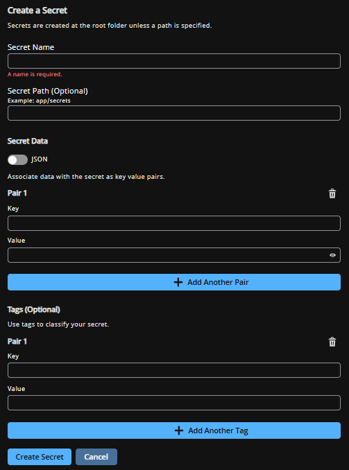 Create a Secret panel with fields for Secret Name, Path, and Key/Value Pairs