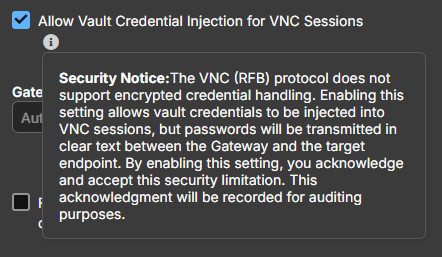 Image of the Allow Vault Credential Injection for VNC Sessions setting and information message