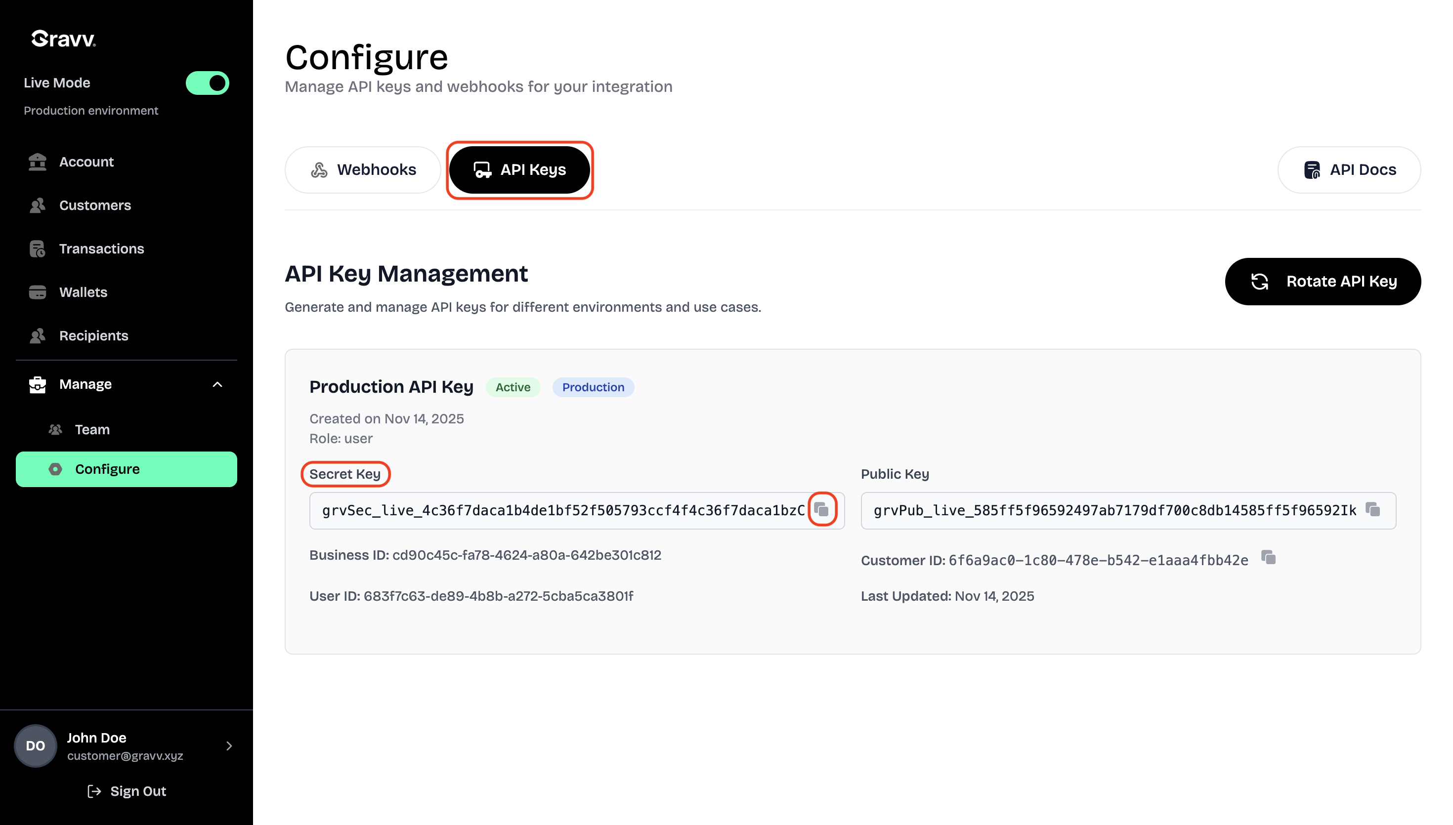 Gravv dashboard Configure page with the API Keys button, Secret Key heading, and copy button highlighted.