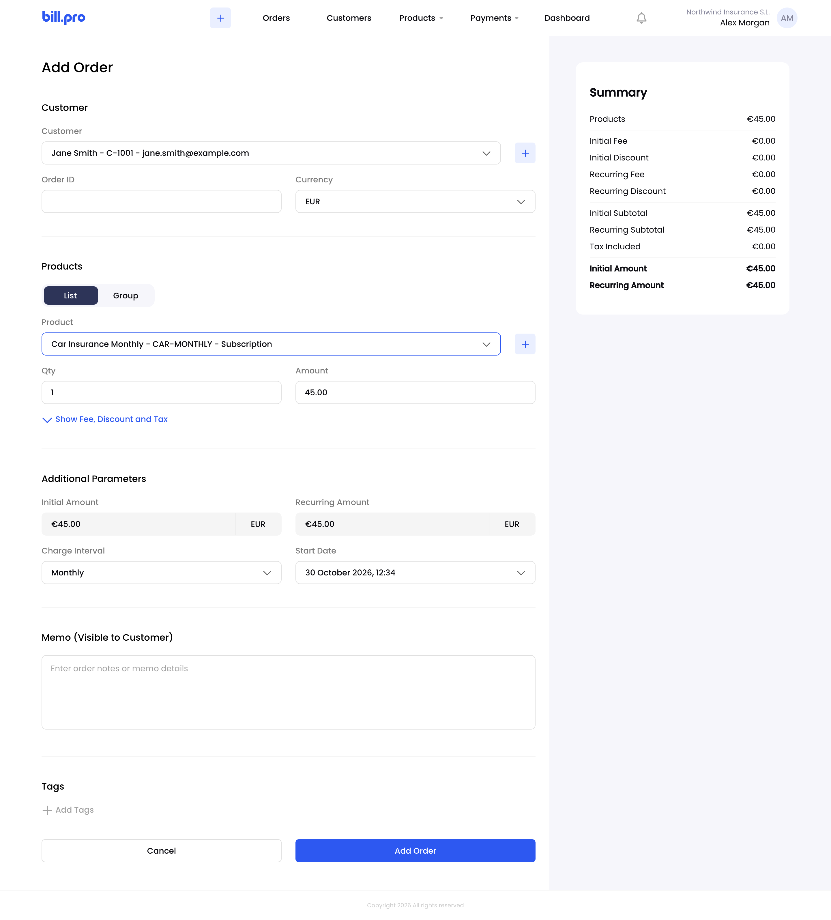 Add Order with a monthly subscription product