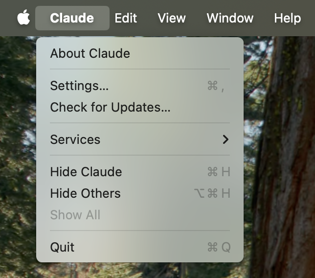 Claude menu on Mac