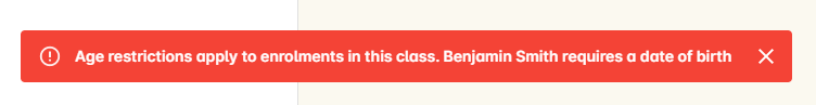 Figure 246. Checkout showing missing DOB message when enrolling in a class with age restrictions