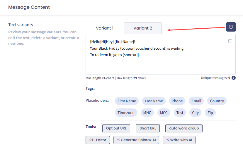 Screenshot with adding message variant