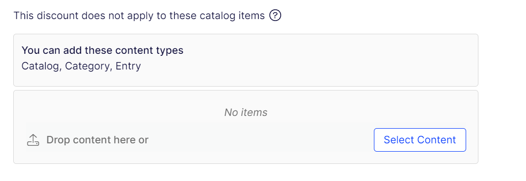 Screenshot of the Edit Discount page section where users select catalogs, categories, or entries to exclude from a discount.