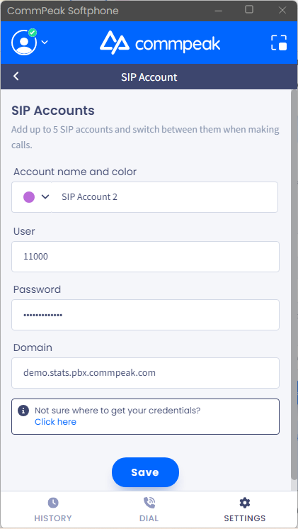 Screenshot of the screen with entering agent credentials and domain from PBX Stats