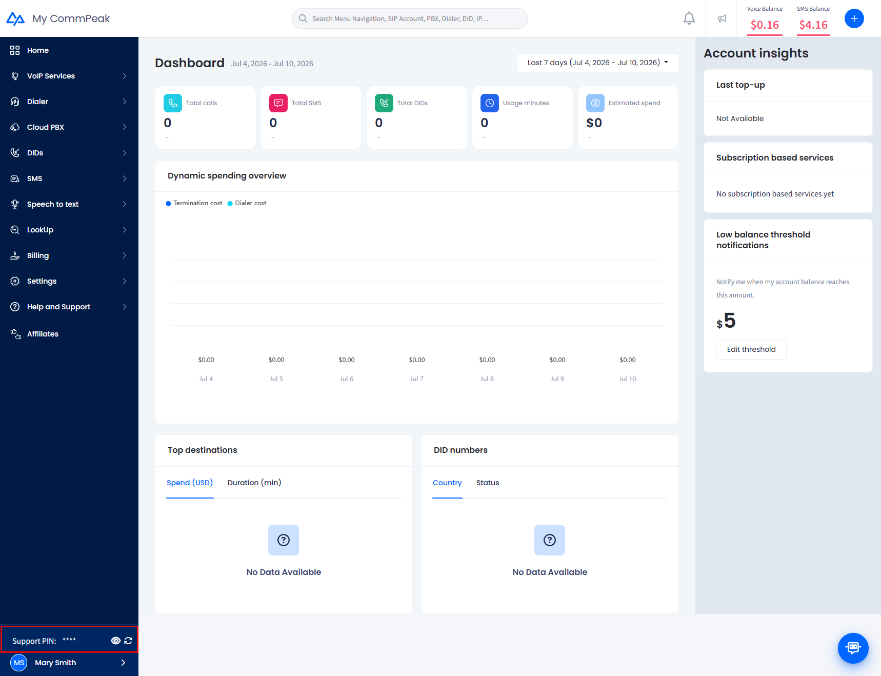 Screenshot of the home page with the support PIN