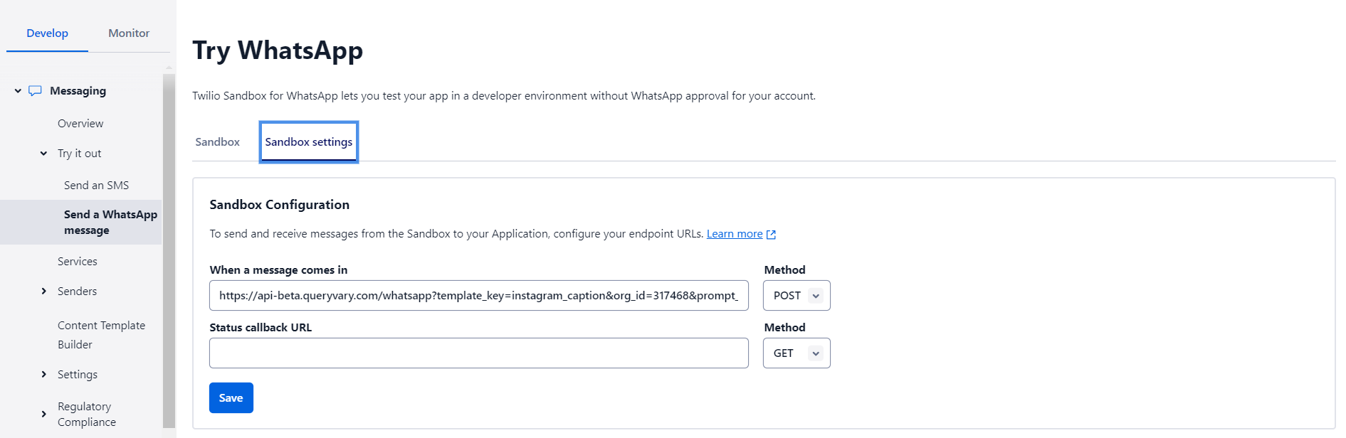 Twilio - Whatsapp Sandbox Settings Screen