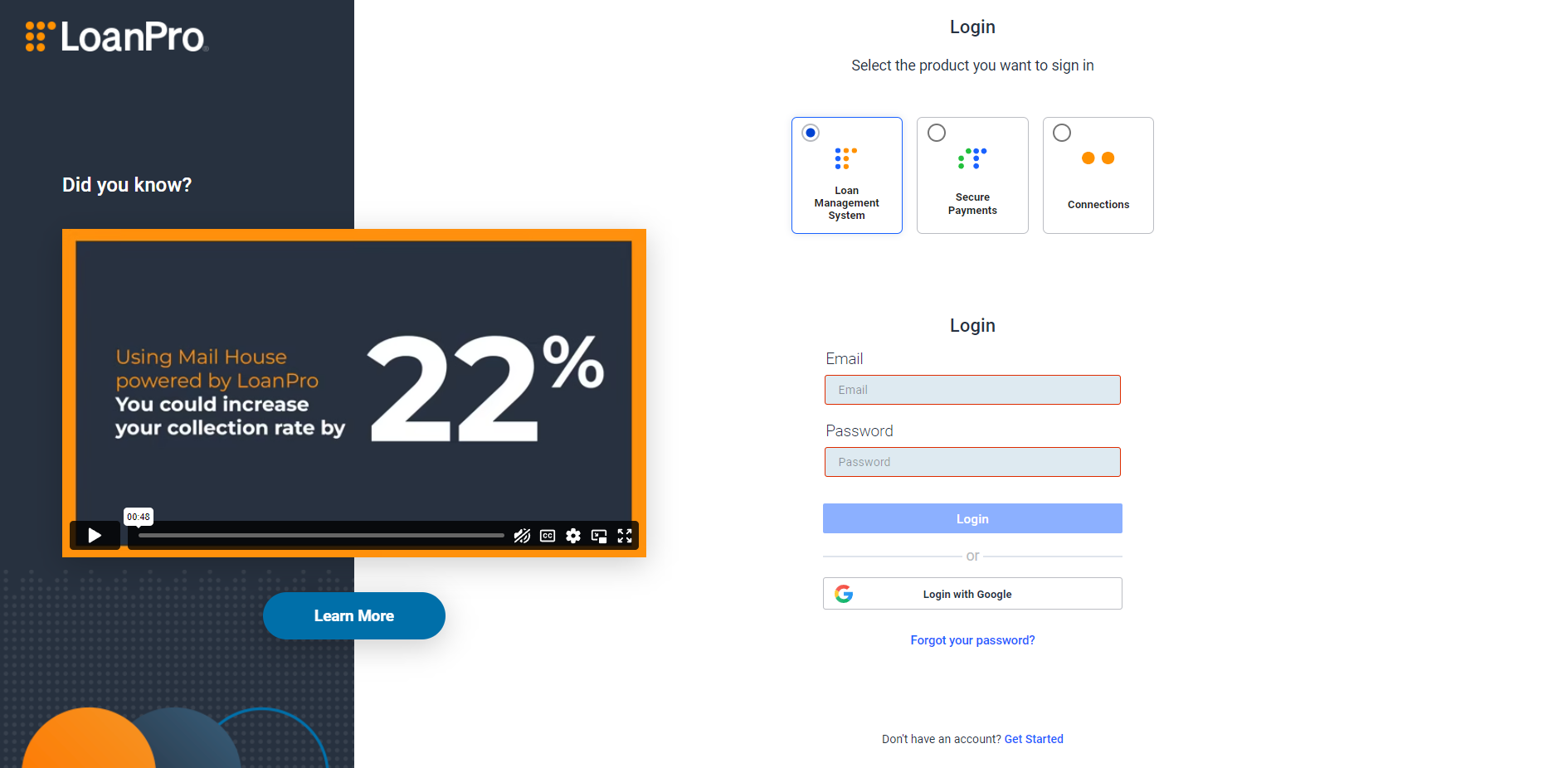 LoanPro login screen