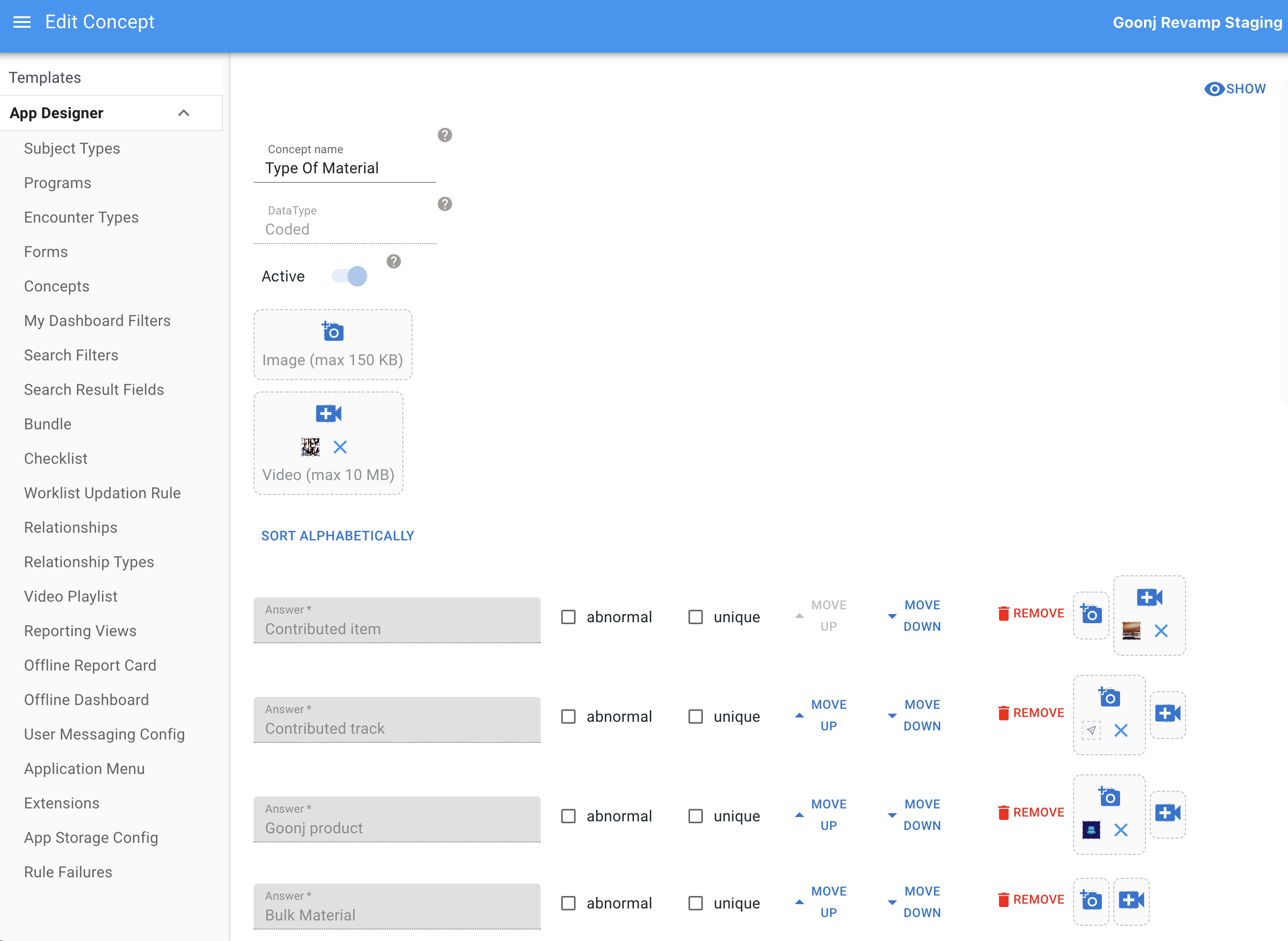Concept editor showing media upload fields for image and video