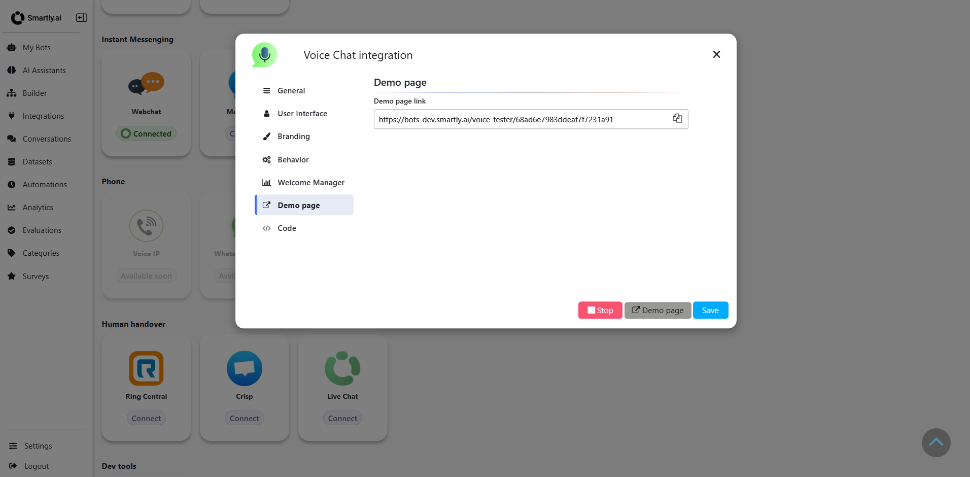 Voice Chat Demo page with generated link