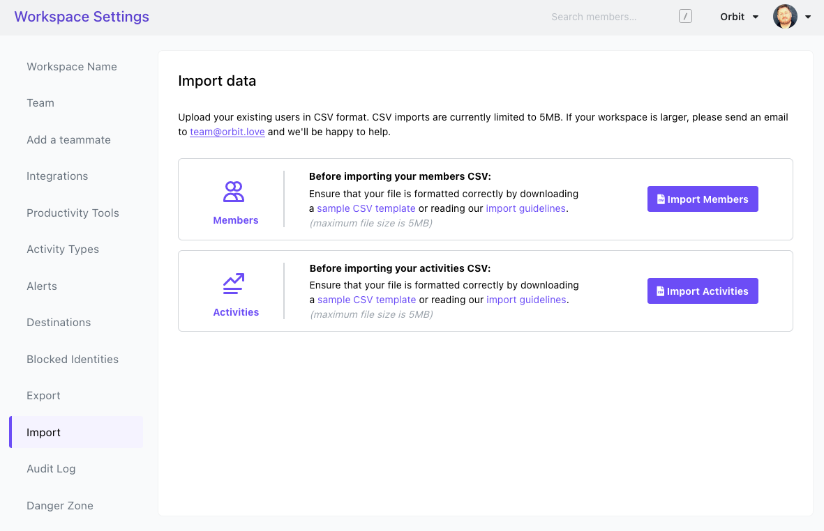 CleanShot 2021-10-26 at 16.13.56.png The Import CSV button from the Import page is outlined.