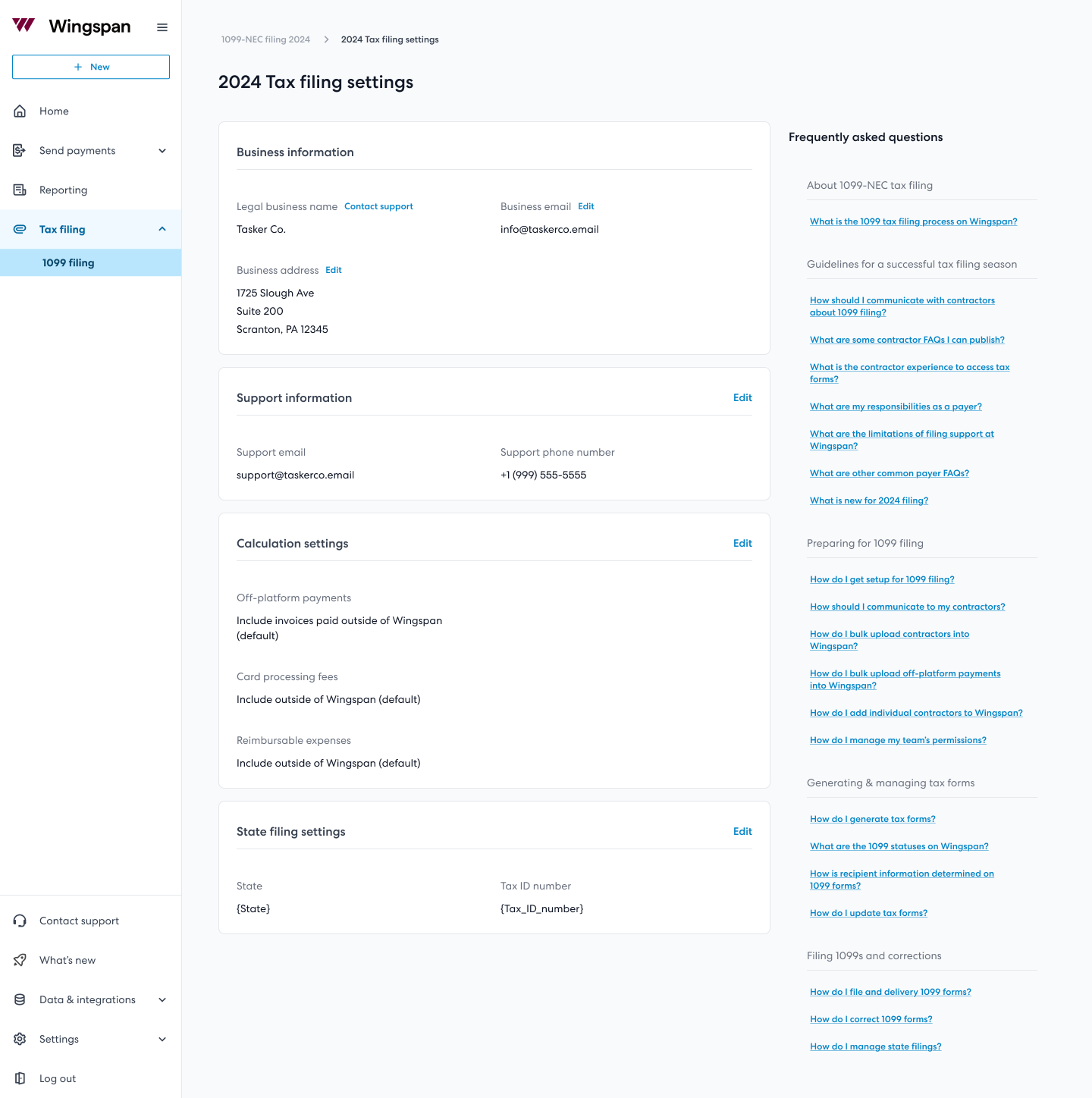 Tax filing settings screenshot