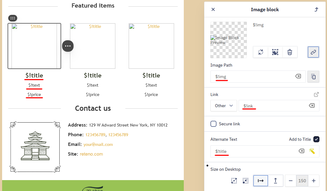 Email editor showing a Featured items block with $!title, $!text, and $!price variables, and the Image block settings panel with $!img, $!link, and $!title fields highlighted