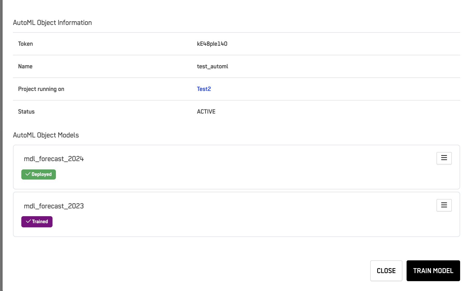 AutoML Object Menu - Open and Manage Models