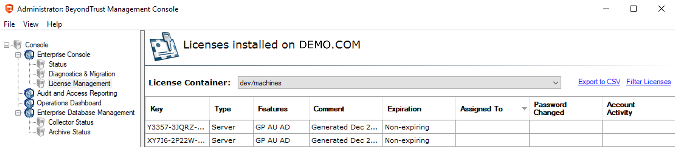 License Management page in BeyondTrust Management Console.