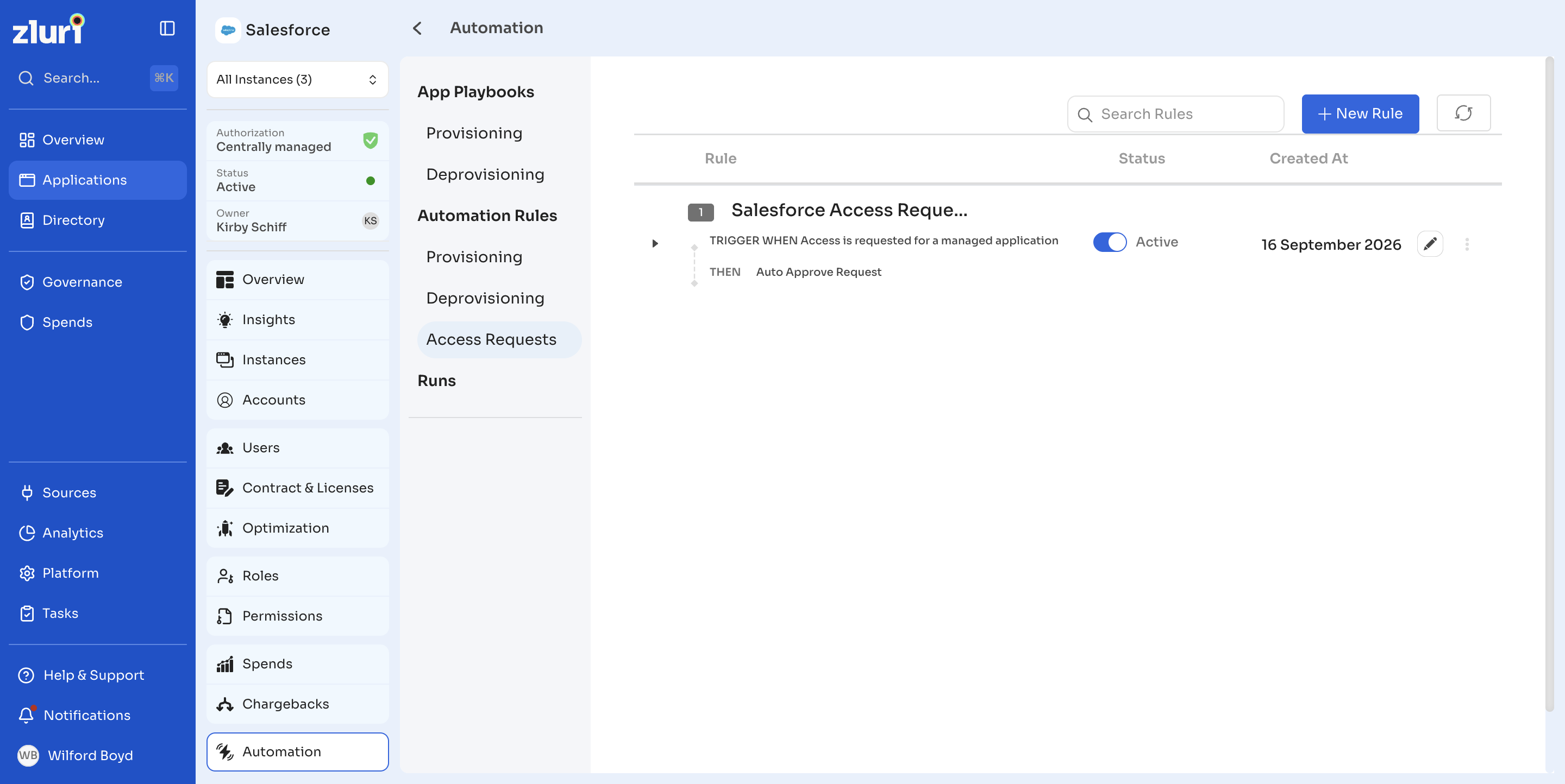 Access Requests rules list on the Automation tab, showing an active auto-approve rule