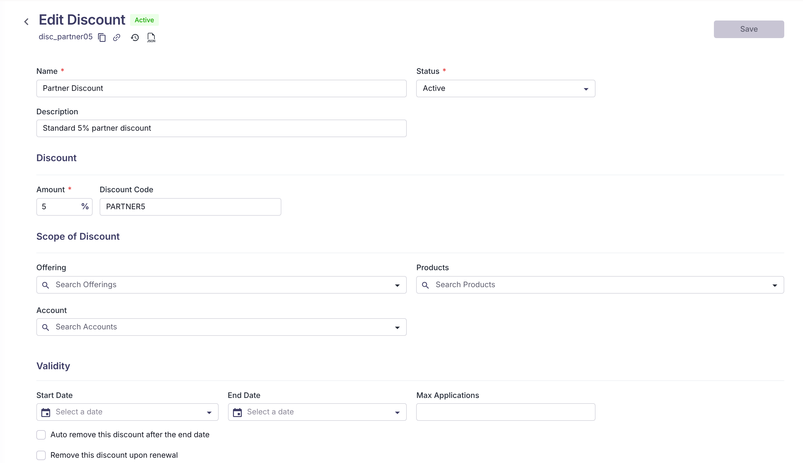 The Edit Discount form for Partner Discount, showing the Name, Status, Description, Amount, Discount Code, Scope of Discount, and Validity fields.