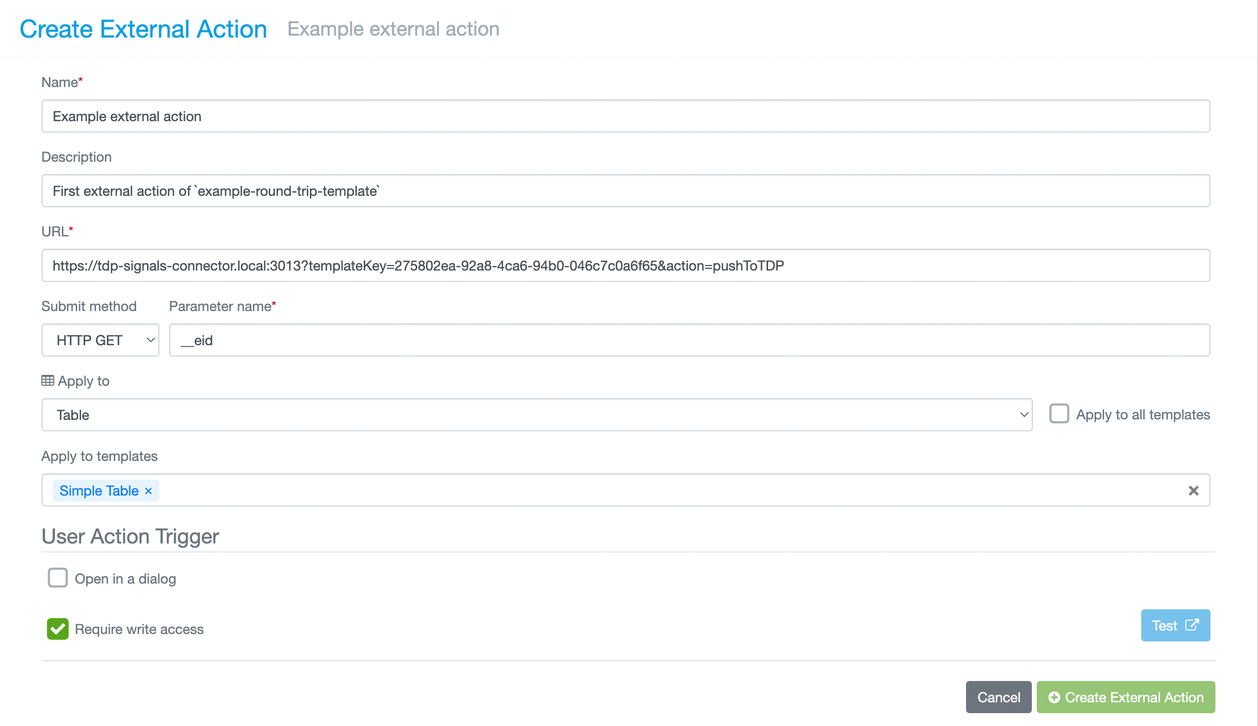 Figure 2. Create external action screen in Signals Notebook System Configuration