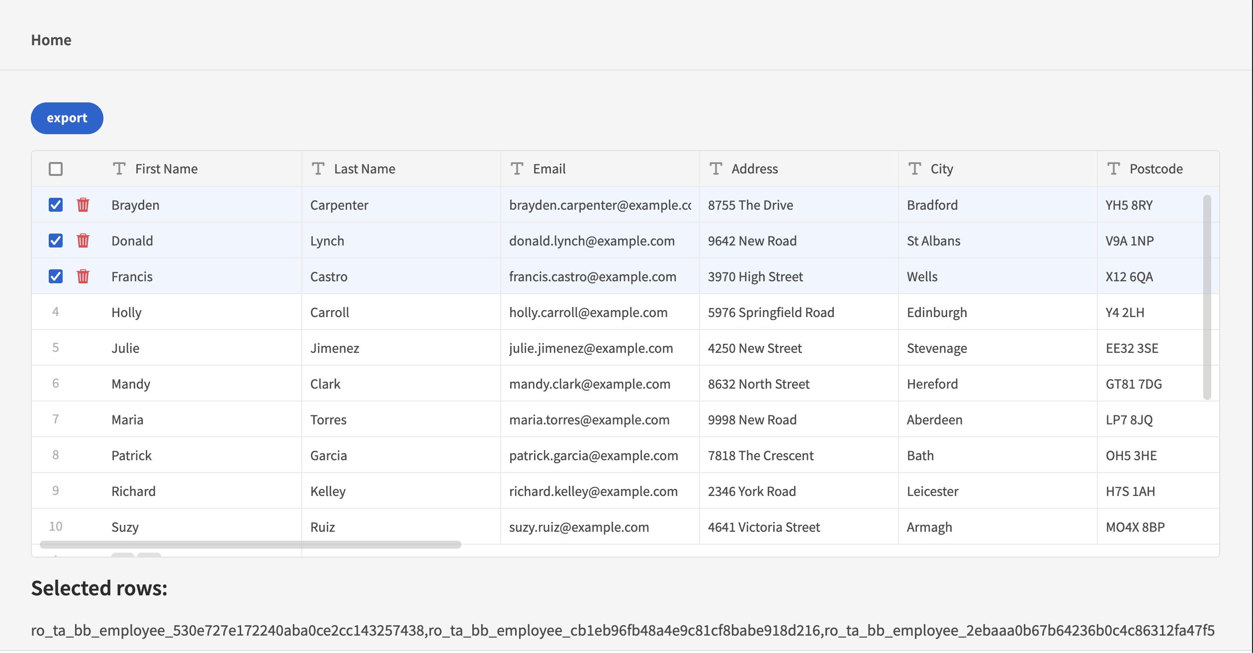 Displaying the IDs of the selected rows using the 'pluck' helper