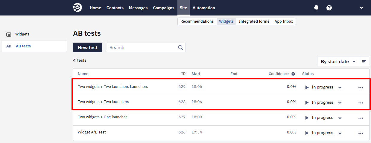 AB tests list with two newly created tests, 2 widgets and 2 launchers Launchers and 2 widgets and 2 launchers, both In progress, highlighted at the top of the list