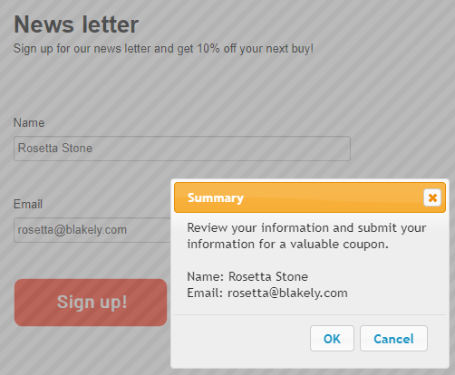 Screenshot of Summary dialog box where submitted data displays for visitor review
