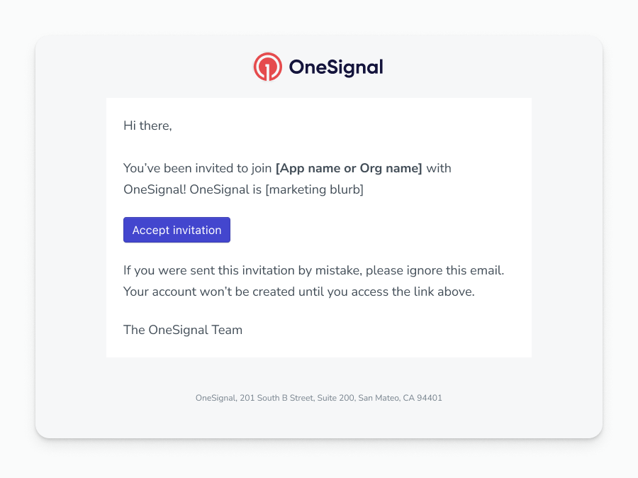 Image showing invitation from OneSignal to join an app or an organization