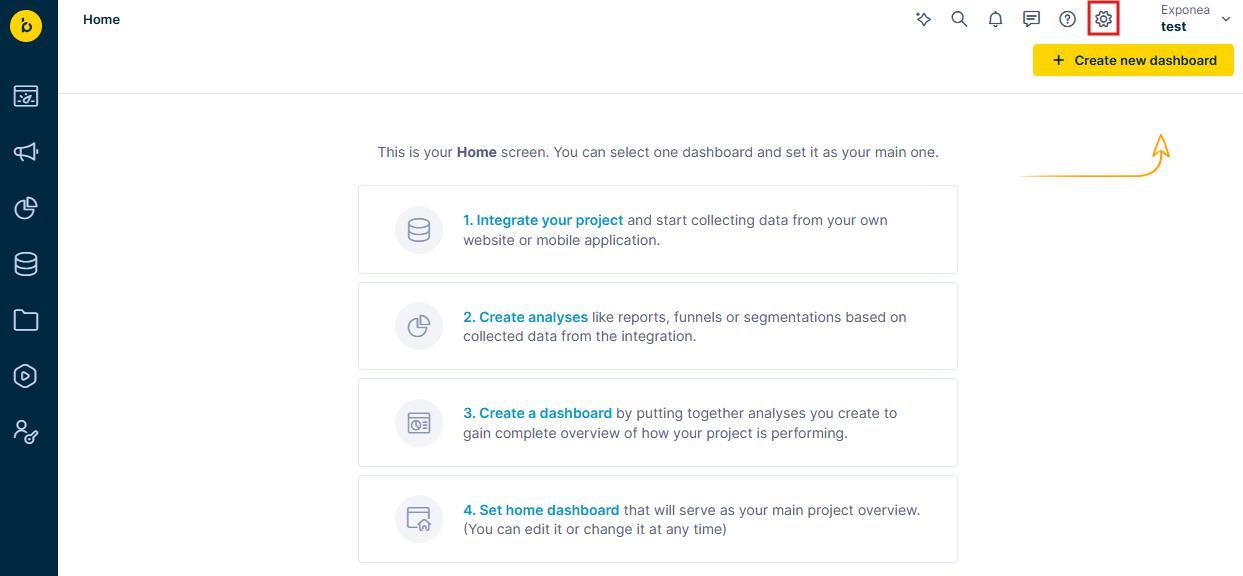 Dashboard home screen showcasing options to integrate a project, create analyses, dashboards, and set a home dashboard, with a highlight on the settings and create new dashboard icons.