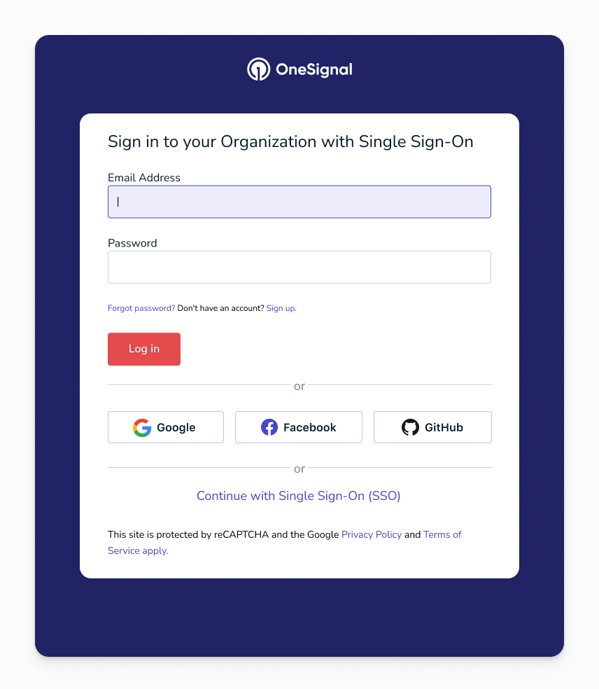 Image showing OneSignal sign on with input boxes