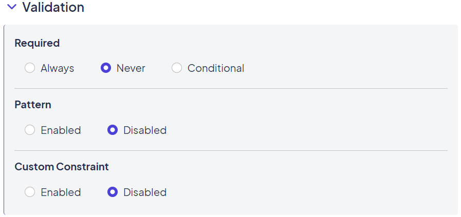 Options available in the Validation section