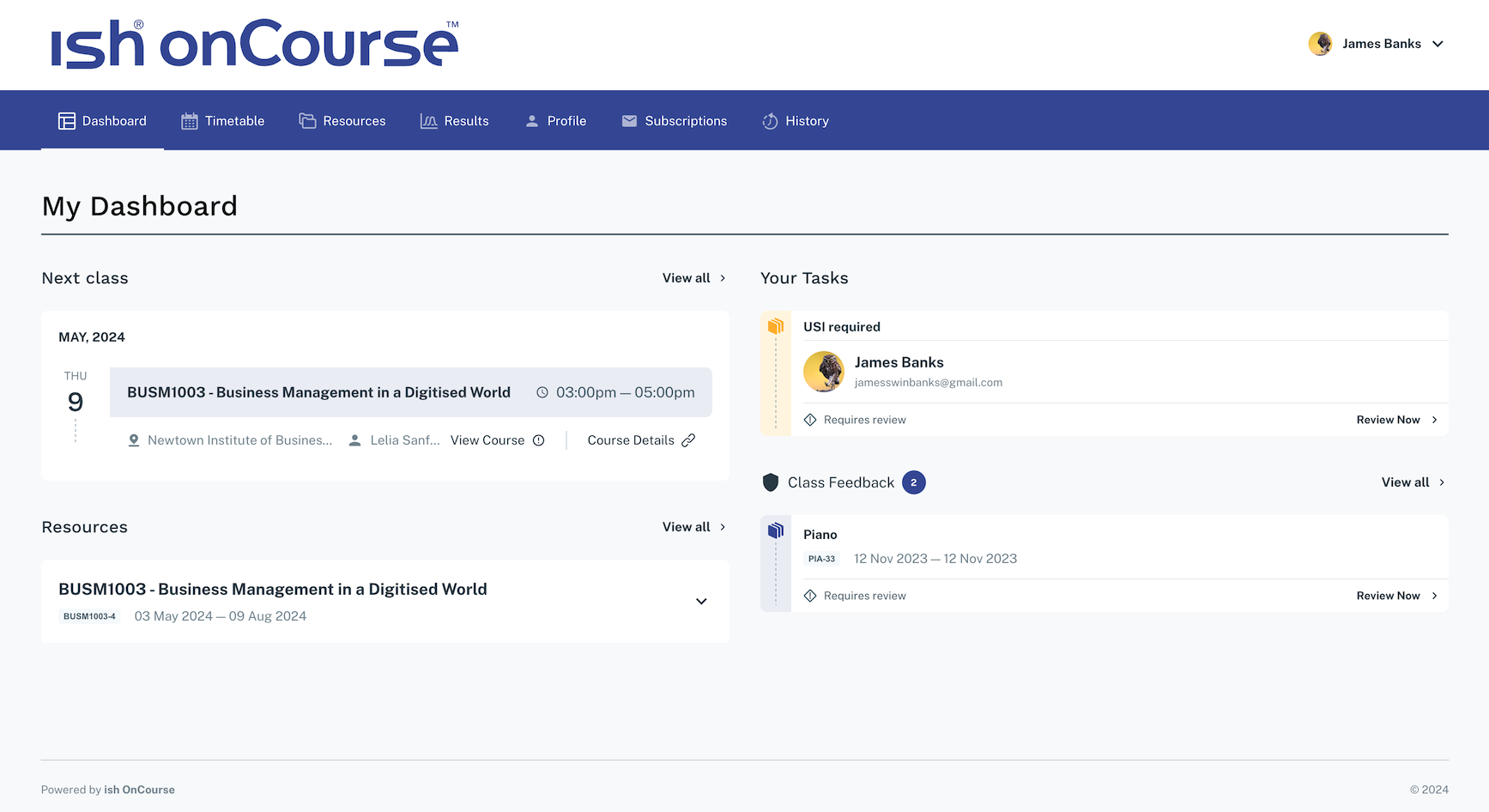 Example of the skillsOnCourse Dashboard