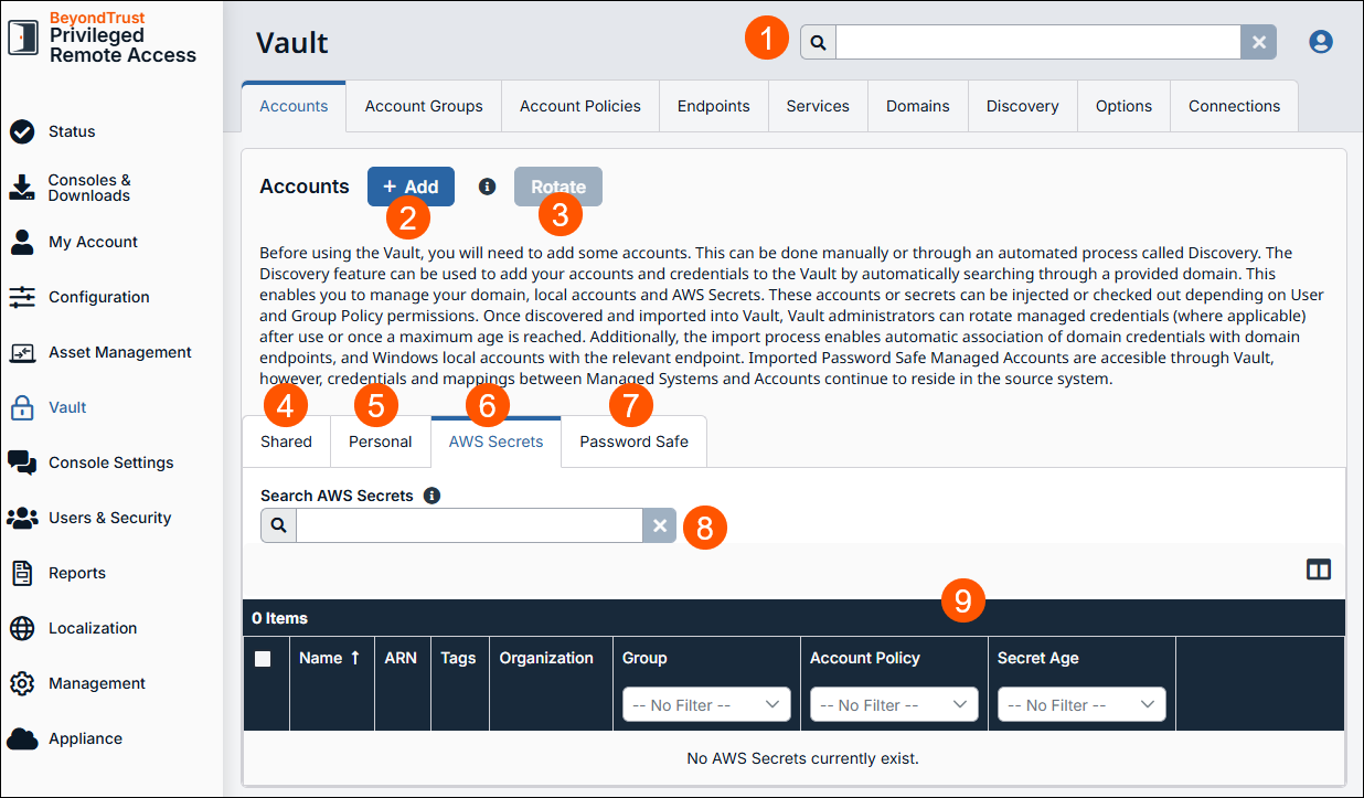 Image of the maain Vault: Accounts page.