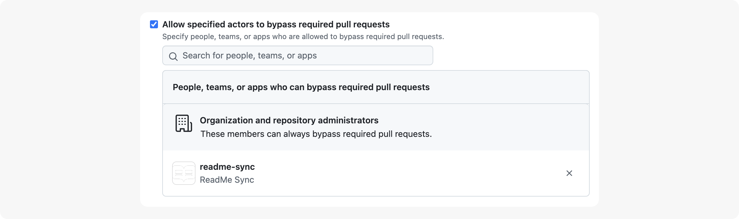 Configuring ReadMe Sync in legacy branch protection settings to bypass pull request requirements.