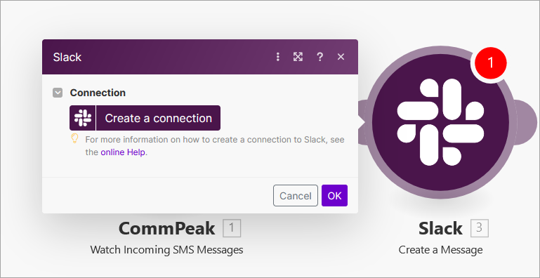 Screenshot of the screen with creating a connection with Slack