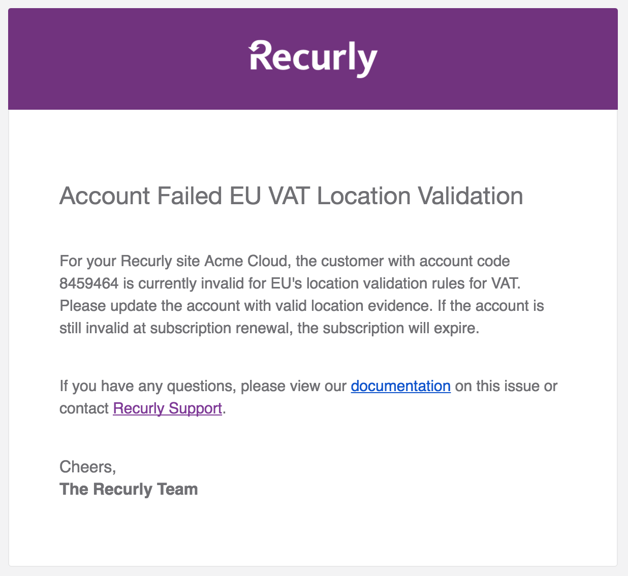 VAT Location Validation Email