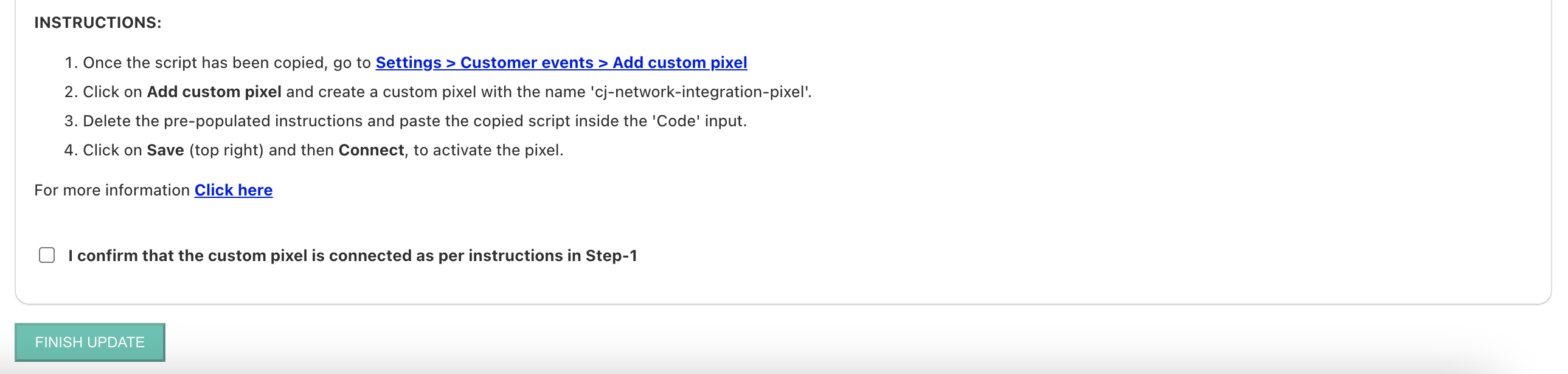 Finish Update confirmation screen