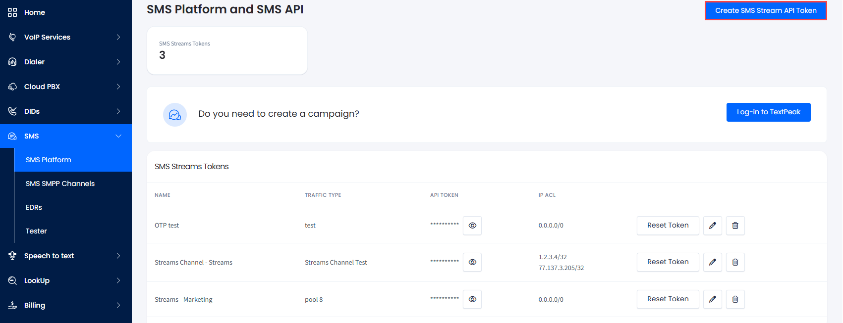 Screenshot of the Create SMS Stream API Token button
