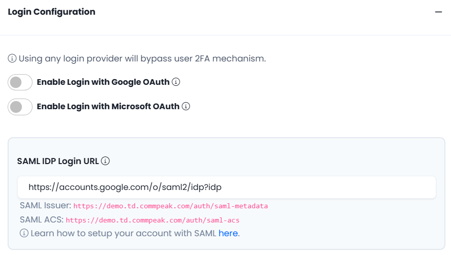 Screenshot of Login configuration settings