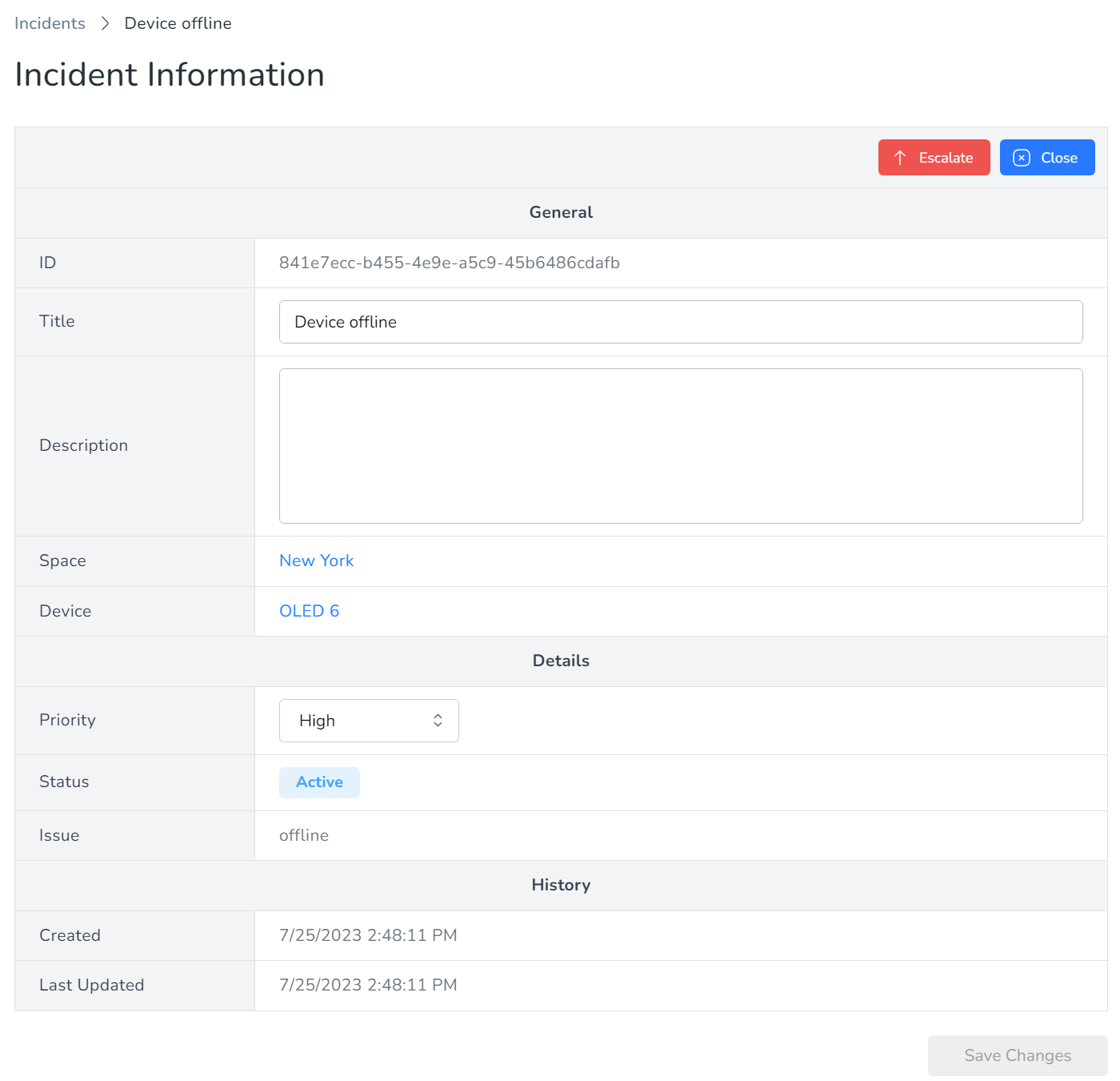 Incident information screen showing the Escalate button.