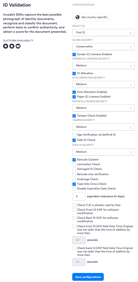 Image of the ID Validation module's configuration panel in Workflows. Has 28 configuration options.