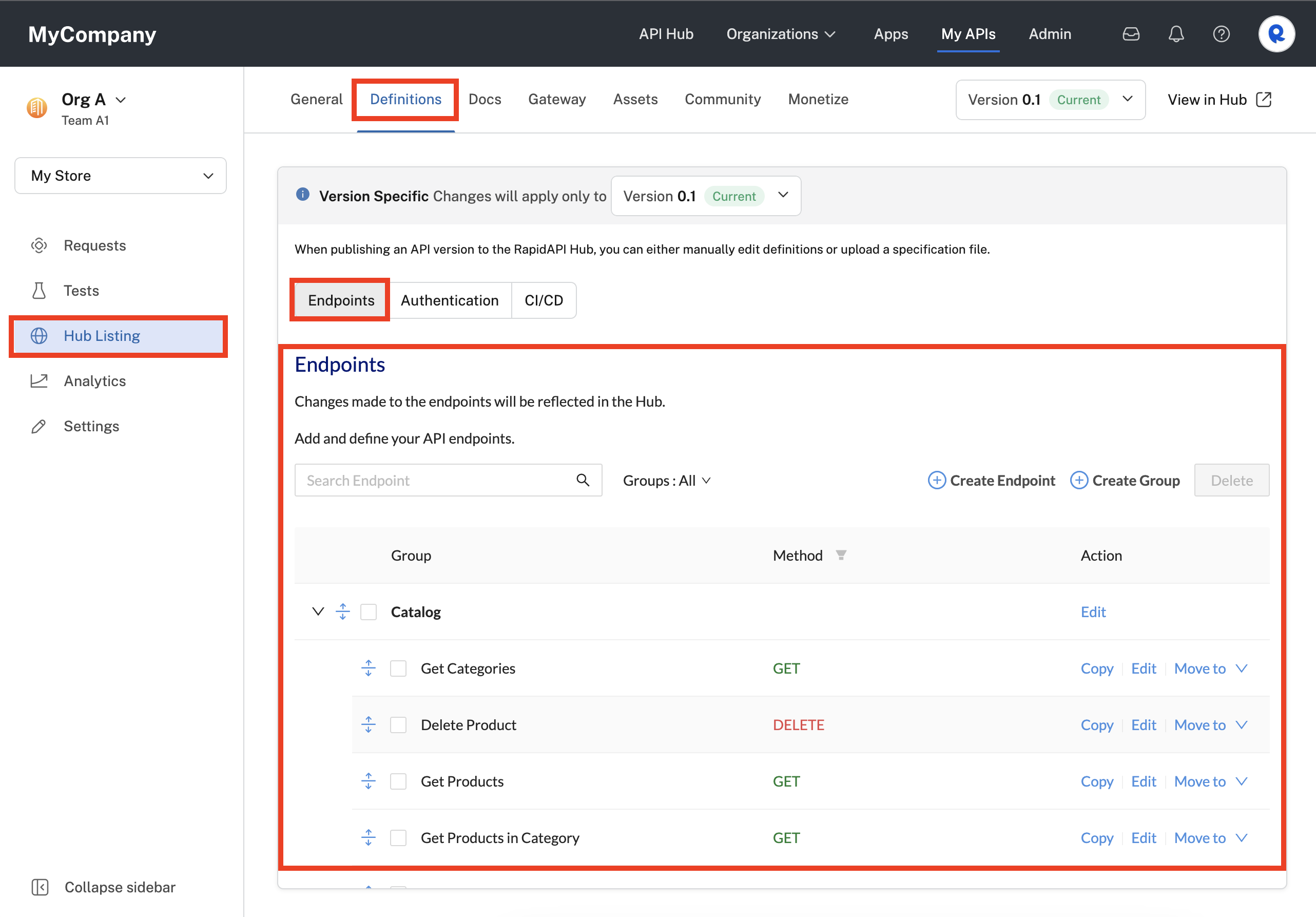 Viewing an API's groups and endpoints in Studio.