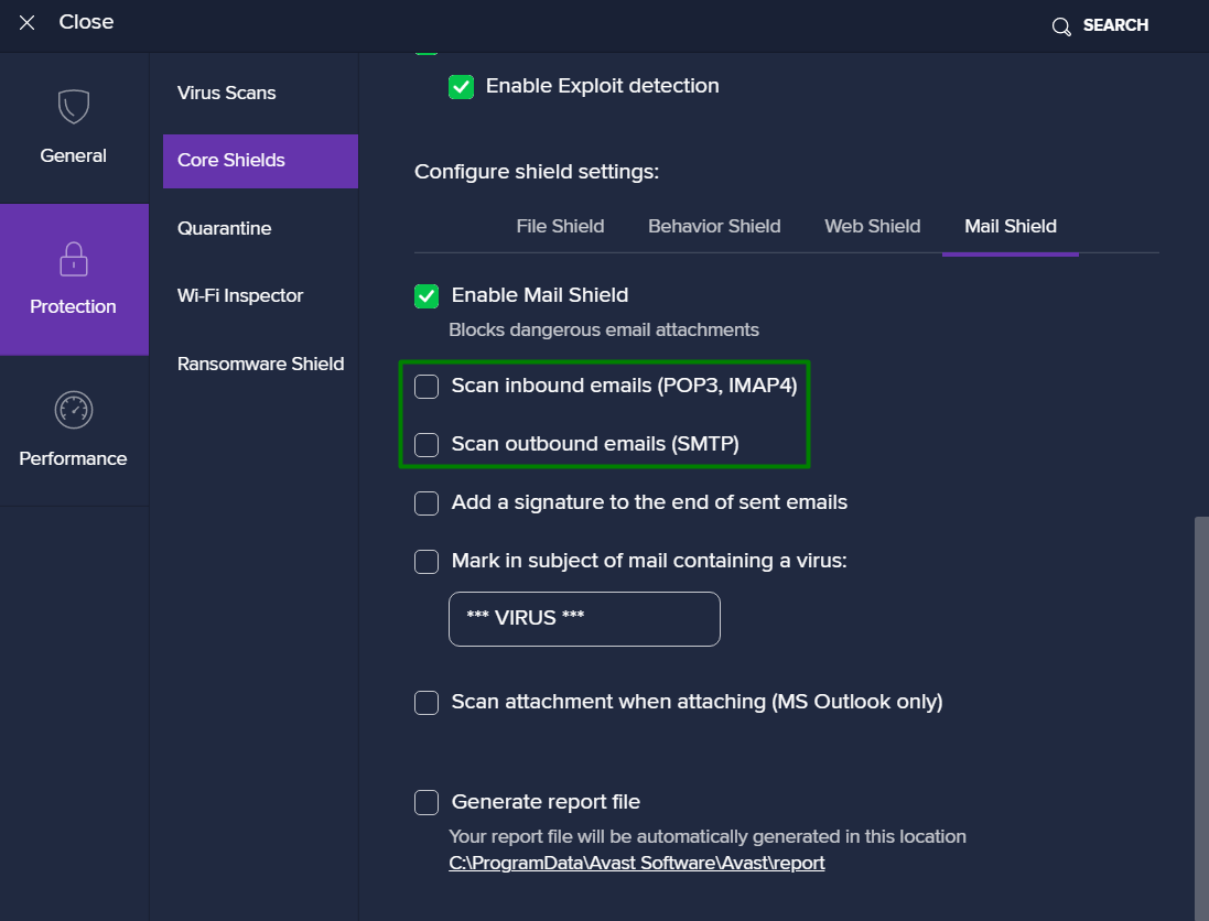 Example of disabled scan of incoming and outgoing mail in Avast antivirus