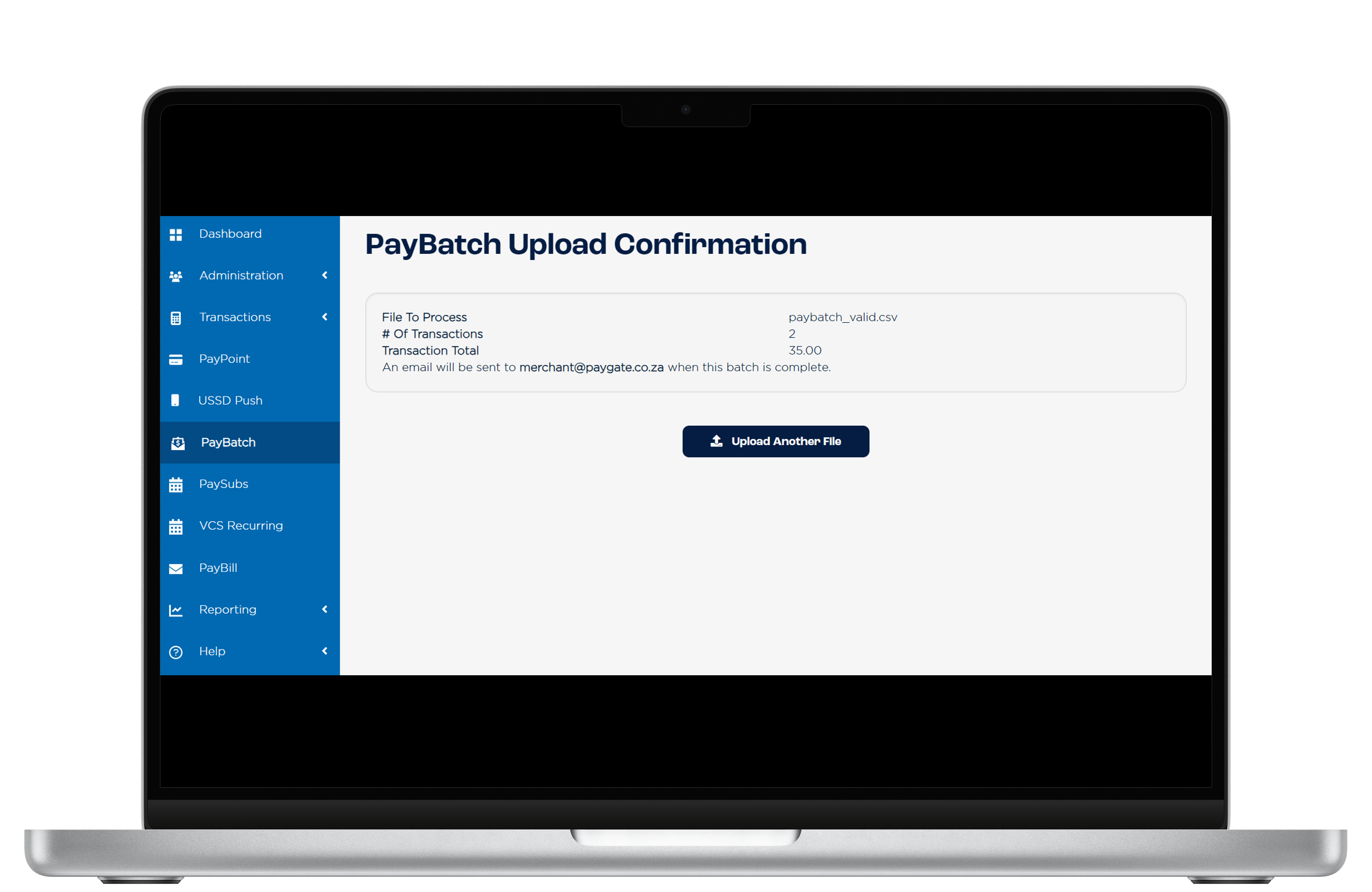 The screenshots show a successful batch file upload following a valid submission.